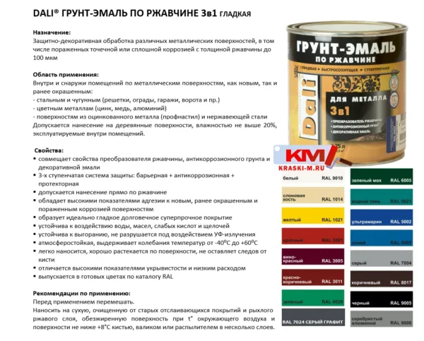 Краска грунт-эмаль 3в1 по ржавчине гладкая по металлу Дали