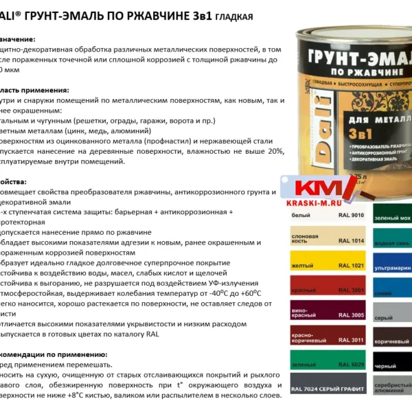 Краска грунт-эмаль 3в1 по ржавчине гладкая по металлу Дали