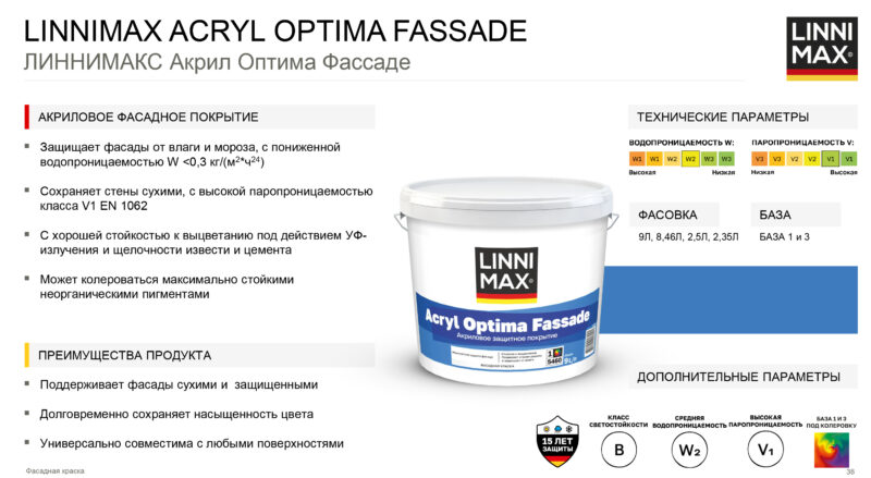 Linnimax Acryl Optima Fassade краска акриловая водно-дисперсионная для наружных работ