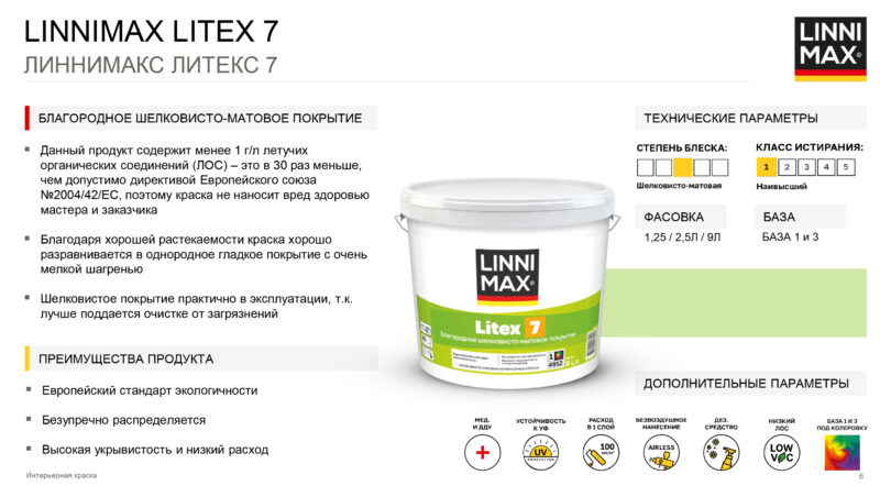 Linnimax Litex 7 шелковисто-матовая краска для стен обоев для внутренних работ