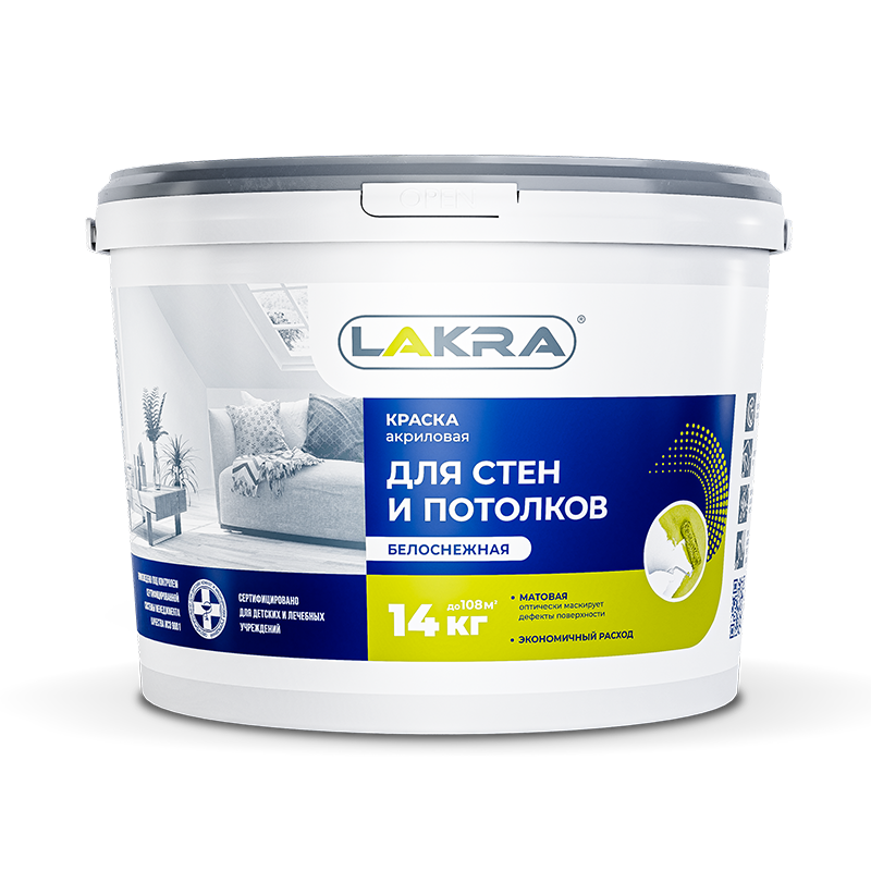 Lakra Краска акриловая для стен и потолков белоснежная