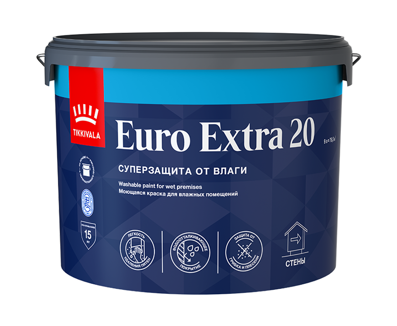 Tikkivala Euro Extra 20  Водоразбавляемая краска для стен и потолков в помещениях с умеренной и повышенной  влажностью
